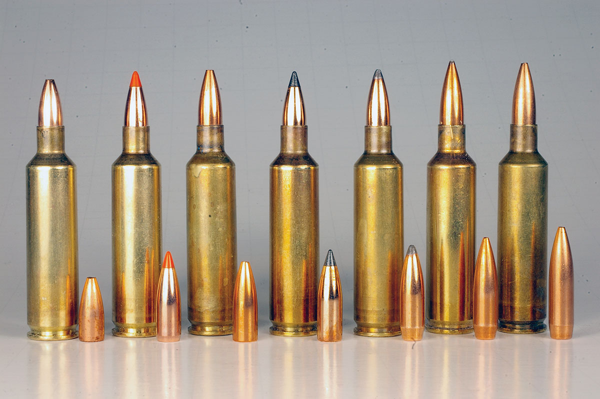 Bullets used for the 22-250 Improved include, from left, Nosler 40-grain Varmageddon, Nosler 50 Ballistic Tip, Sierra 53 MatchKing, Nosler 55 Varmageddon, Sierra 65 Game-King, Sierra 69 MatchKing and Sierra 77 MatchKing.